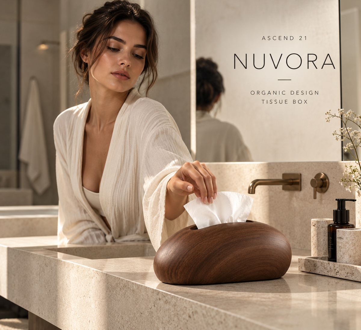 ASCEND 21 NUVORA – Premium Design Tissue Box Dark Walnut | Dekorative Kosmetiktücherbox in Walnussholzoptik | Organisch geformter Taschentuchspender | Moderne Taschentuchbox für Wohnzimmer, Schlafzimmer & Büro