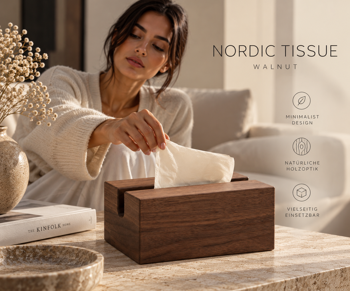 ASCEND 21 Nordic Tissue Walnut – Taschentuchbox aus Holz in Walnuss-Optik – Rechteckiger Taschentuchspender mit Schlitzöffnung – Minimalistische Kosmetiktuchbox für Badezimmer, Wohnzimmer, Schlafzimmer & Büro – 19,5 × 12 × 8,5 cm