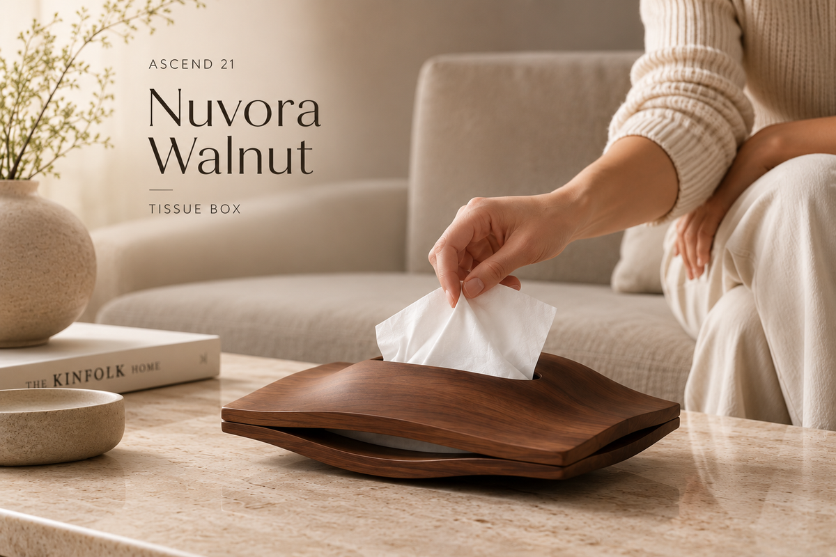 ASCEND 21 Nuvora Walnut – Tissue Box in Walnuss-Optik – Elegante Taschentuchbox Holz-Design mit geschwungener Form – Moderner Kosmetiktücher Spender für Wohnzimmer, Schlafzimmer, Bad & Büro