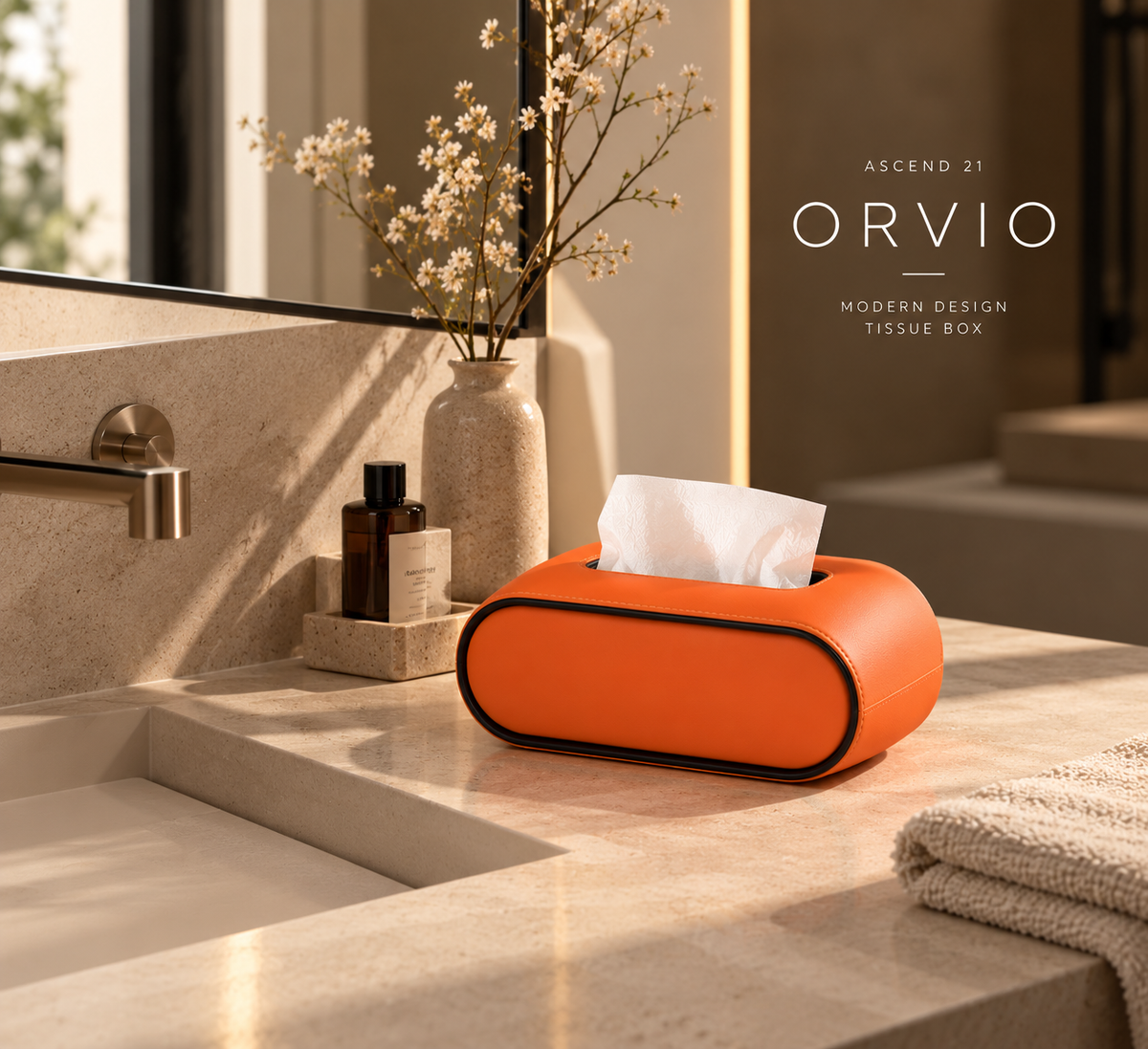 ASCEND 21 ORVIO – Premium Design Tissue Box Vibrant Orange | Moderne Kosmetiktücherbox in Orange mit schwarzem Kontrastrand | Ovale Taschentuchbox in Lederoptik | Dekorativer Taschentuchspender für Wohnzimmer, Schlafzimmer & Büro
