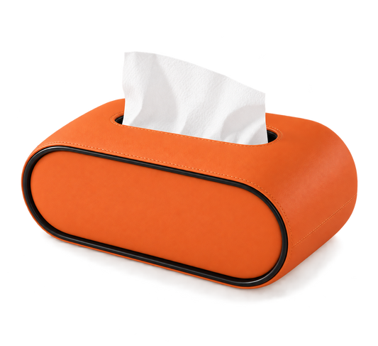ASCEND 21 ORVIO – Premium Design Tissue Box Vibrant Orange | Moderne Kosmetiktücherbox in Orange mit schwarzem Kontrastrand | Ovale Taschentuchbox in Lederoptik | Dekorativer Taschentuchspender für Wohnzimmer, Schlafzimmer & Büro
