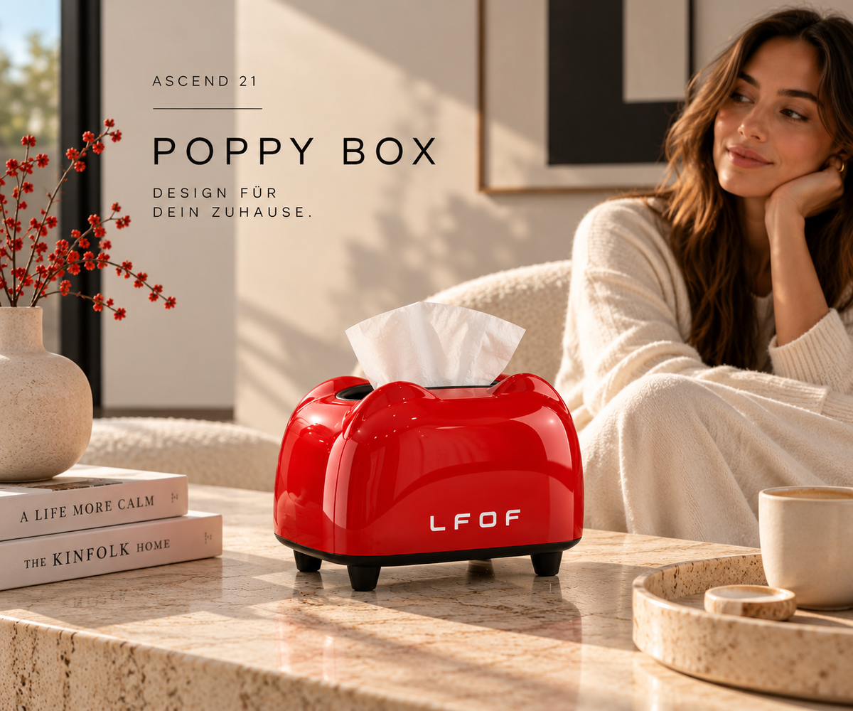 ASCEND 21 Poppy Box Taschentuchbox Rot – Retro Design Taschentuchspender mit Hochglanz-Optik – Dekorative Kosmetiktücherbox für Wohnzimmer, Schlafzimmer, Bad & Büro
