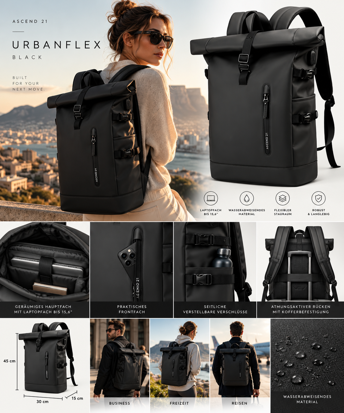 ASCEND 21 UrbanFlex Black – Rolltop Rucksack Herren & Damen – Moderner Laptop Rucksack mit verstellbaren Schultergurten – Schwarzer Business Rucksack für Büro, Uni, Alltag & Reisen