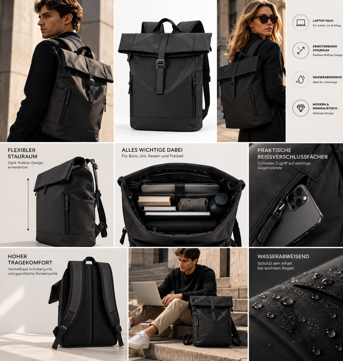 ASCEND 21 UrbanFlex Black – Rolltop Rucksack Herren & Damen – Moderner Laptop Rucksack mit erweiterbarem Stauraum – Schwarzer Business Rucksack mit Reißverschlussfächern für Arbeit, Uni, Alltag & Reisen