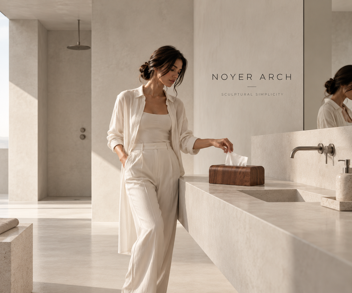 ASCEND 21 NOYER ARCH – Premium Taschentuchbox in edler Walnuss-Optik – Minimalistische Kosmetiktuchbox mit abgerundeten Kanten – Eleganter Taschentuchspender im Japandi Design für Wohnzimmer, Badezimmer & Büro – 26,5 × 14 × 8,5 cm