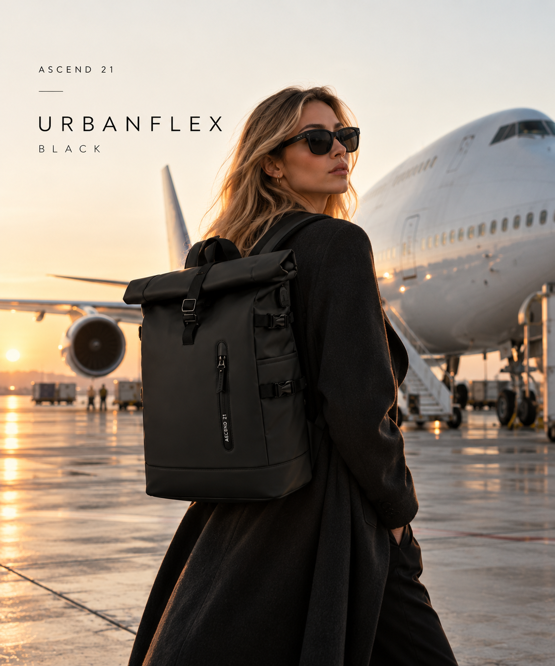 ASCEND 21 UrbanFlex Black – Rolltop Rucksack Herren & Damen – Moderner Laptop Rucksack mit verstellbaren Schultergurten – Schwarzer Business Rucksack für Büro, Uni, Alltag & Reisen