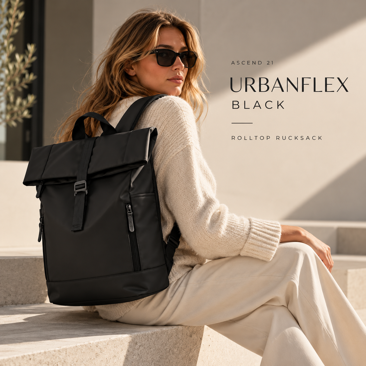 ASCEND 21 UrbanFlex Black – Rolltop Rucksack Herren & Damen – Moderner Laptop Rucksack mit erweiterbarem Stauraum – Schwarzer Business Rucksack mit Reißverschlussfächern für Arbeit, Uni, Alltag & Reisen