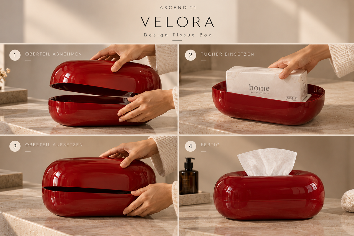 ASCEND 21 VELORA – Premium Design Tissue Box Burgundy Red | Hochglänzende Kosmetiktücherbox in Weinrot | Moderner Taschentuchspender mit organischer Form | Dekorative Taschentuchbox für Wohnzimmer, Bad & Büro