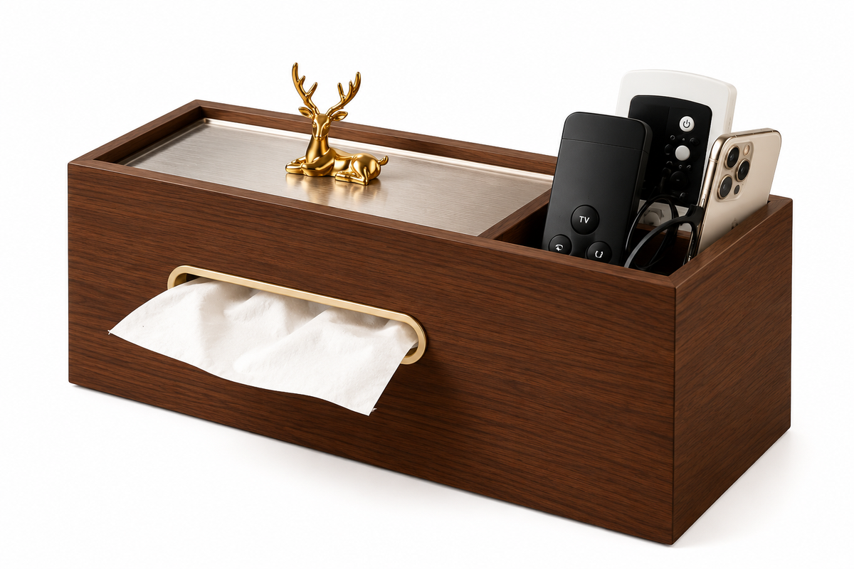 ASCEND 21 Noble Station – Kosmetiktuchbox aus Holz mit Organizer & Handyhalter – Multifunktionale Taschentuchbox in Walnuss-Optik – Tissue Box mit Aufbewahrung für Fernbedienung, Kosmetik & Schreibtisch – 27,8 × 11 × 12 cm