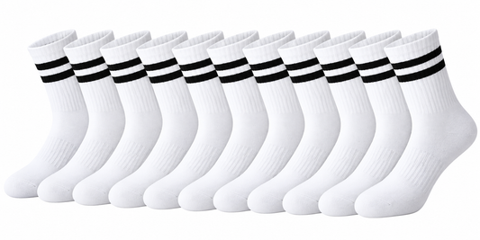 ASCEND 21 Core Socks Stripe White – 10 Paar Sportsocken Weiß mit schwarzen Streifen – Gerippte Tennissocken für Damen & Herren – Klassische Crew Socken für Sport, Fitness & Alltag