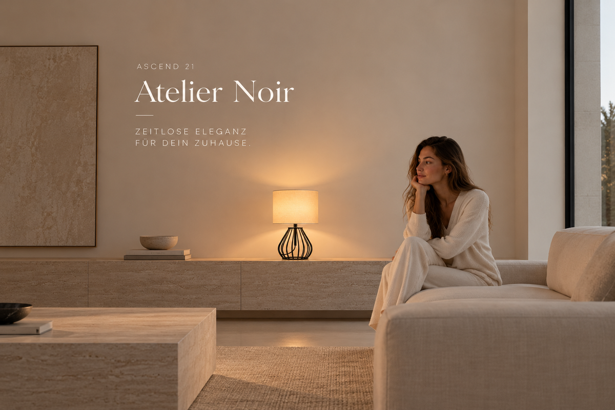 ASCEND 21 Atelier Noir Tischlampe – Moderne Design Tischleuchte mit champagnerfarbenem Stoffschirm & schwarzem Metallgestell – Elegante Nachttischlampe für Schlafzimmer, Wohnzimmer & Büro – E14